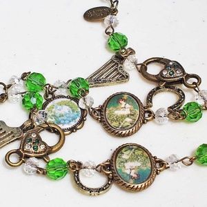 IRISH CHARMS METAL & ACRYLIC NECKLACE WITH PICTURE CHARMS, 30 INCHES LONG, GREEN